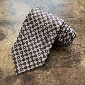 Take Six Mens Silk Tie Brown Tan Checkerboard Necktie Gold Chain Keeper Loop